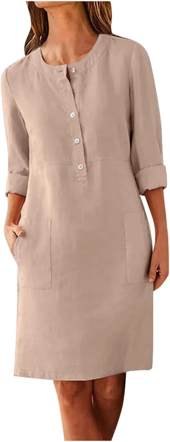 Summer Dresses for Women 2025 Button Casual Long Sleeve Cotton Linen Sundress Elegant Formal Work Dress with Pockets