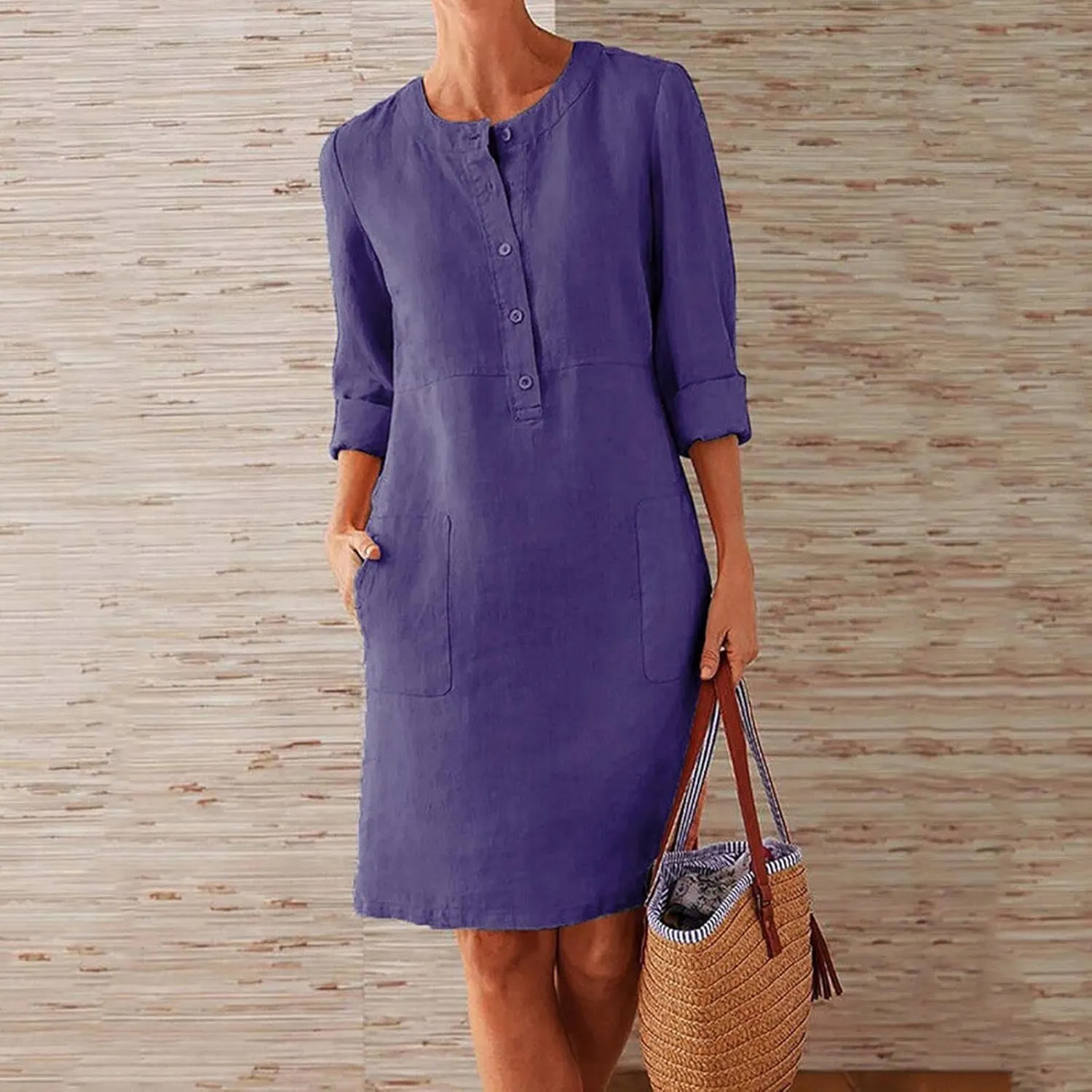Summer Dresses for Women 2025 Button Casual Long Sleeve Cotton Linen Sundress Elegant Formal Work Dress with Pockets