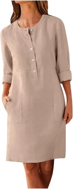 Summer Dresses for Women 2025 Button Casual Long Sleeve Cotton Linen Sundress Elegant Formal Work Dress with Pockets