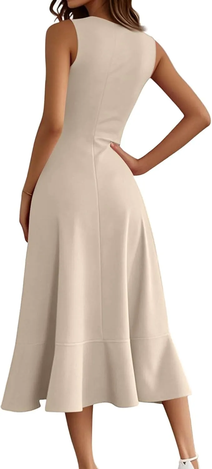Summer Dresses for Women 2025 Sleeveless Flowy Midi Dress with Asymmetrical Hem, Elegant Wedding Guest Dresses