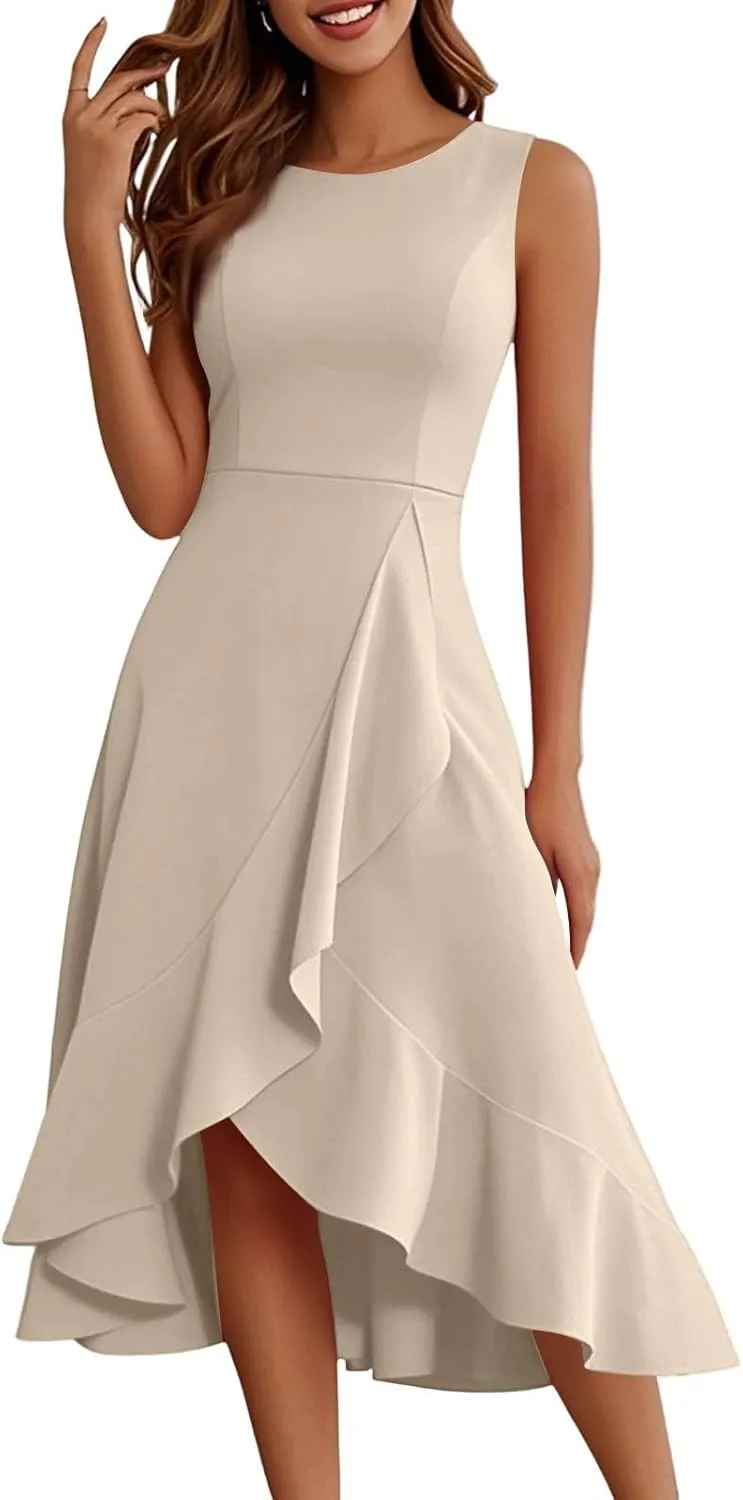 Summer Dresses for Women 2025 Sleeveless Flowy Midi Dress with Asymmetrical Hem, Elegant Wedding Guest Dresses