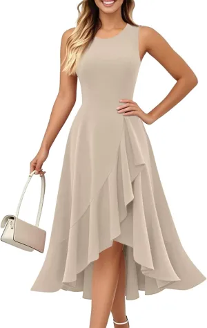 Summer Dresses for Women 2025 Sleeveless Flowy Midi Dress with Asymmetrical Hem, Elegant Wedding Guest Dresses
