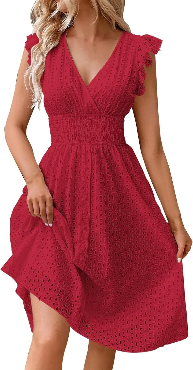 Summer Dresses for Women 2025,Women's Eyelet Embroidered Midi Solid Color Dresses Empire Waist Wrap V Neck A Line Dress