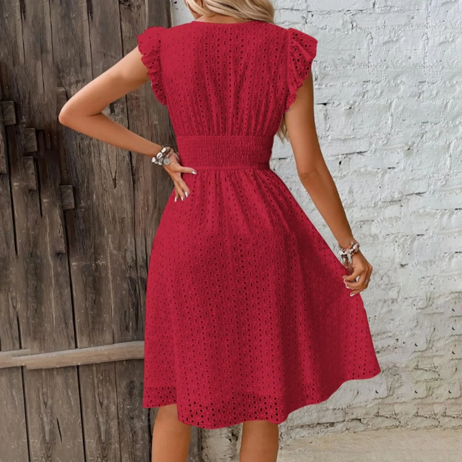 Summer Dresses for Women 2025,Women's Eyelet Embroidered Midi Solid Color Dresses Empire Waist Wrap V Neck A Line Dress