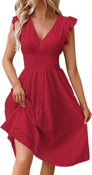 Summer Dresses for Women 2025,Women's Eyelet Embroidered Midi Solid Color Dresses Empire Waist Wrap V Neck A Line Dress