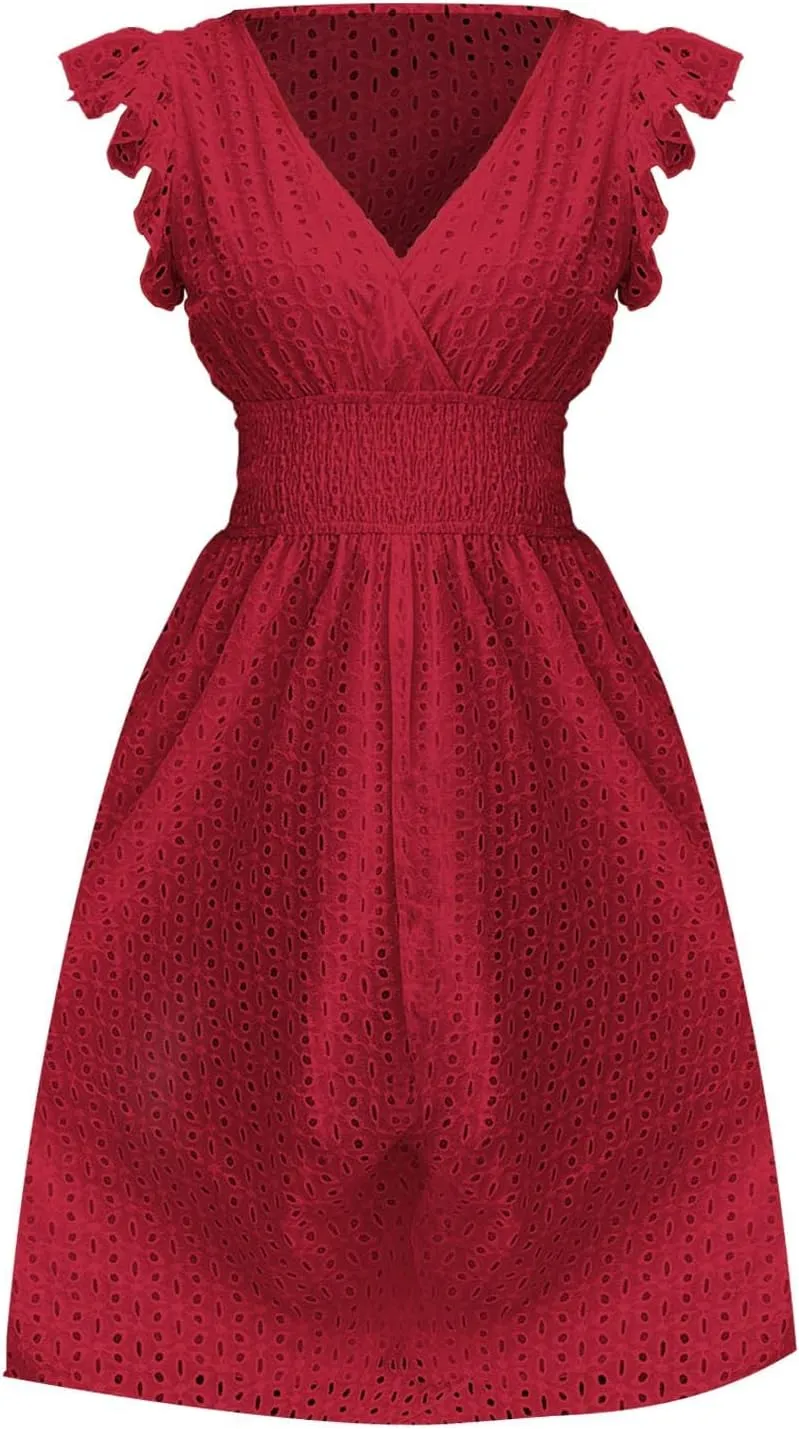 Summer Dresses for Women 2025,Women's Eyelet Embroidered Midi Solid Color Dresses Empire Waist Wrap V Neck A Line Dress