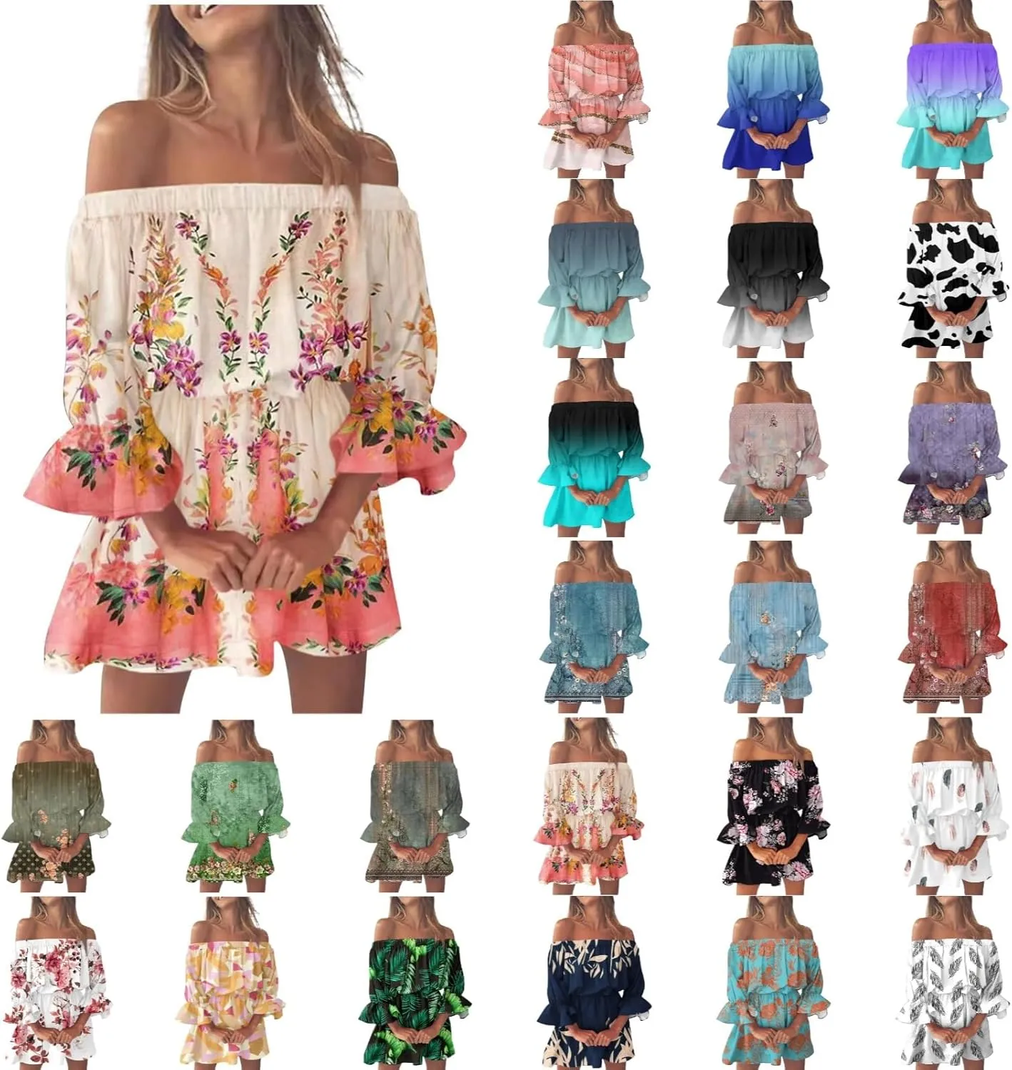 Summer Dresses for Women Boho Beach Sexy Off Shoulder Tunic Sundresses Casual Loose Fit Sleeve Mini Floral Dress