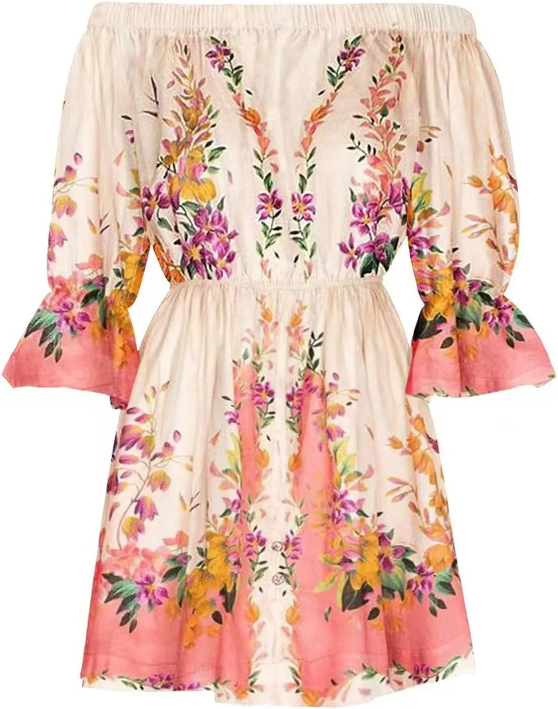 Summer Dresses for Women Boho Beach Sexy Off Shoulder Tunic Sundresses Casual Loose Fit Sleeve Mini Floral Dress