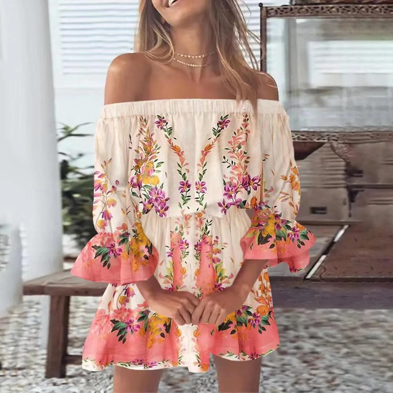 Summer Dresses for Women Boho Beach Sexy Off Shoulder Tunic Sundresses Casual Loose Fit Sleeve Mini Floral Dress