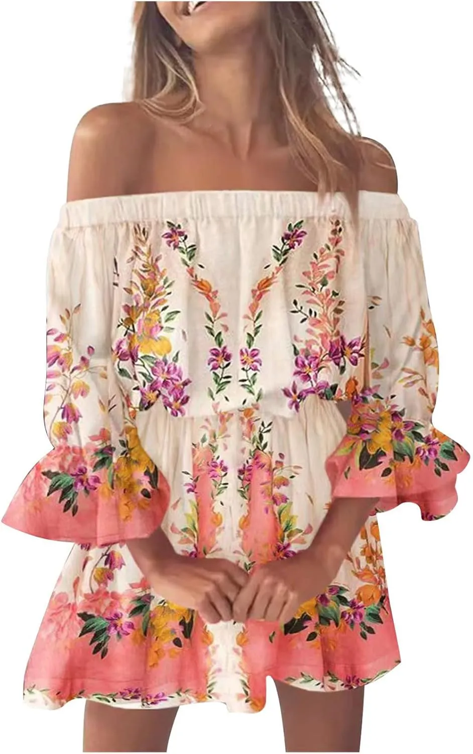 Summer Dresses for Women Boho Beach Sexy Off Shoulder Tunic Sundresses Casual Loose Fit Sleeve Mini Floral Dress
