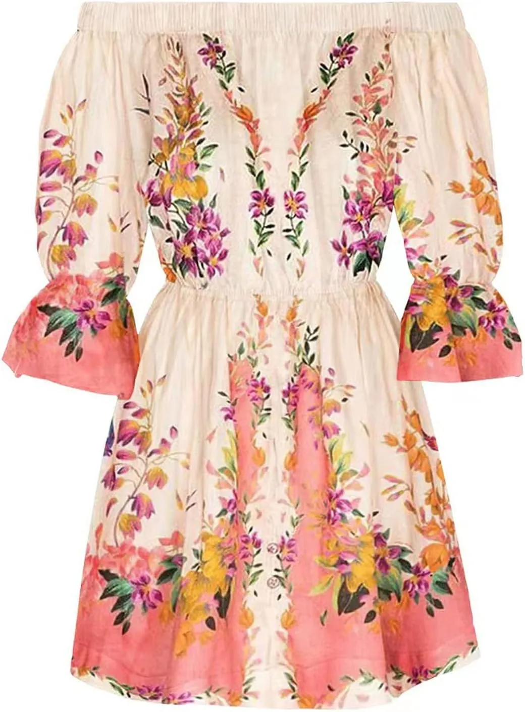 Summer Dresses for Women Boho Beach Sexy Off Shoulder Tunic Sundresses Casual Loose Fit Sleeve Mini Floral Dress