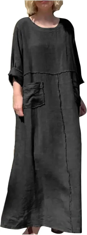Summer Dresses for Women Plus Size Long Sleeve Maxi Dress Crew Neck Dresses with Pocket Cotton Linen Maxi Sundress
