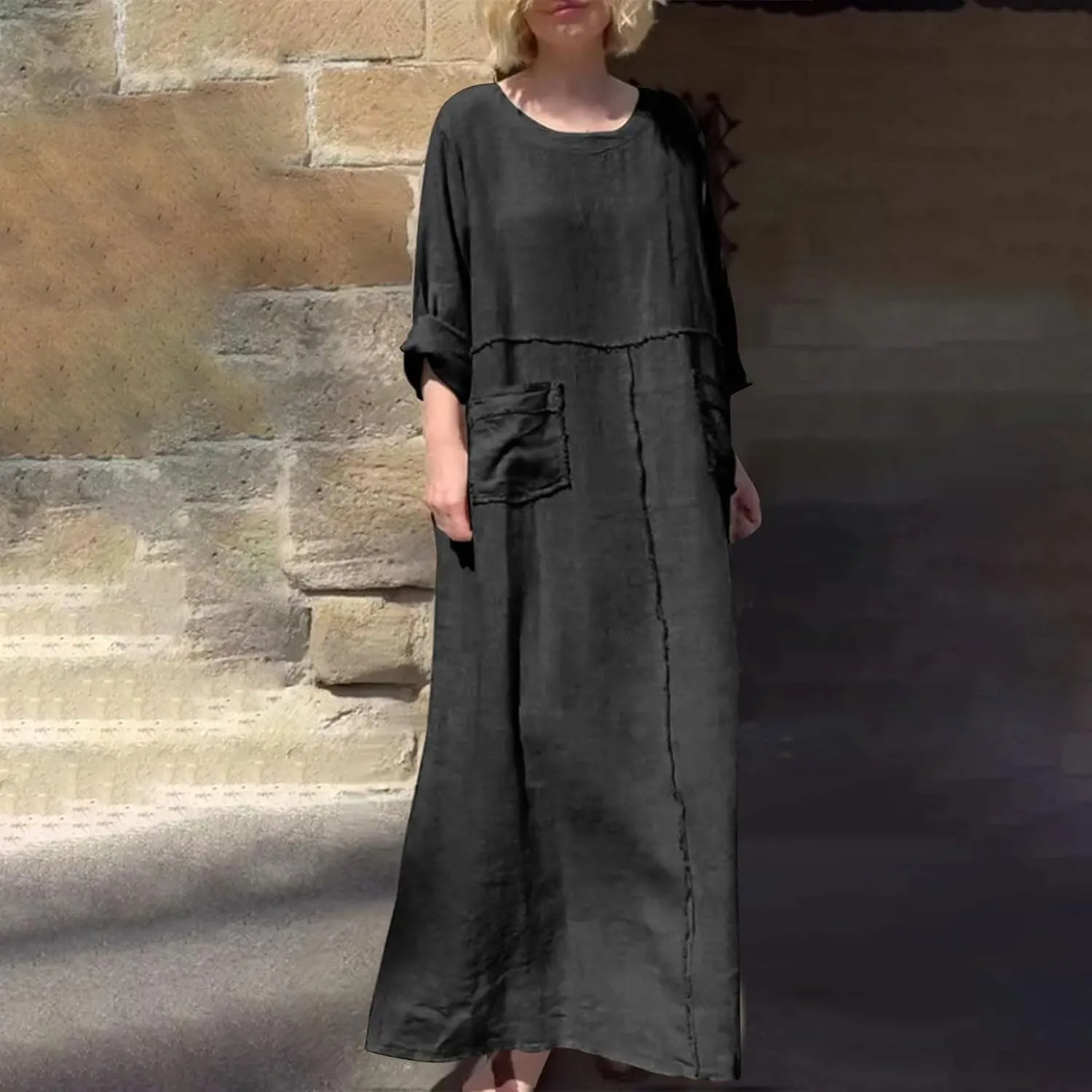 Summer Dresses for Women Plus Size Long Sleeve Maxi Dress Crew Neck Dresses with Pocket Cotton Linen Maxi Sundress