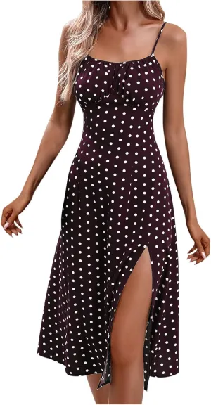Summer Dresses for Women Sleeveless Spaghetti Straps Split Sundress Casual Polka Dot Print Dress Elegant Midi Dress