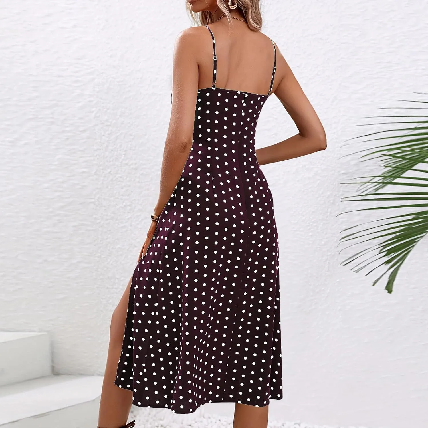 Summer Dresses for Women Sleeveless Spaghetti Straps Split Sundress Casual Polka Dot Print Dress Elegant Midi Dress