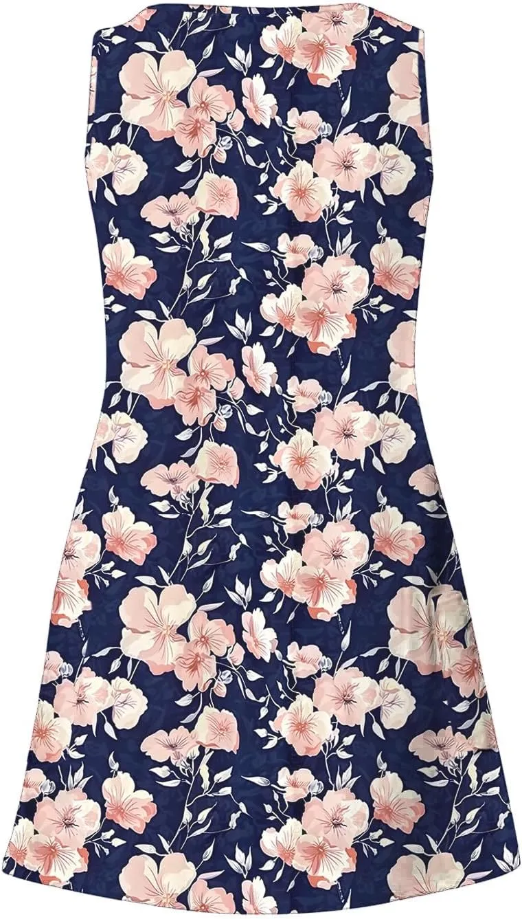 Summer Dresses Womens Sleeveless Floral Print Beach Sundress Cute V Neck Mini Tank Dress Boho Short