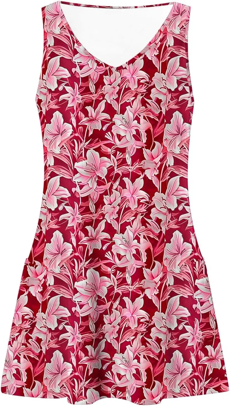 Summer Dresses Womens Sleeveless Floral Print Beach Sundress Cute V Neck Mini Tank Dress Boho Short