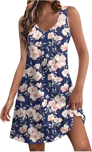 Summer Dresses Womens Sleeveless Floral Print Beach Sundress Cute V Neck Mini Tank Dress Boho Short