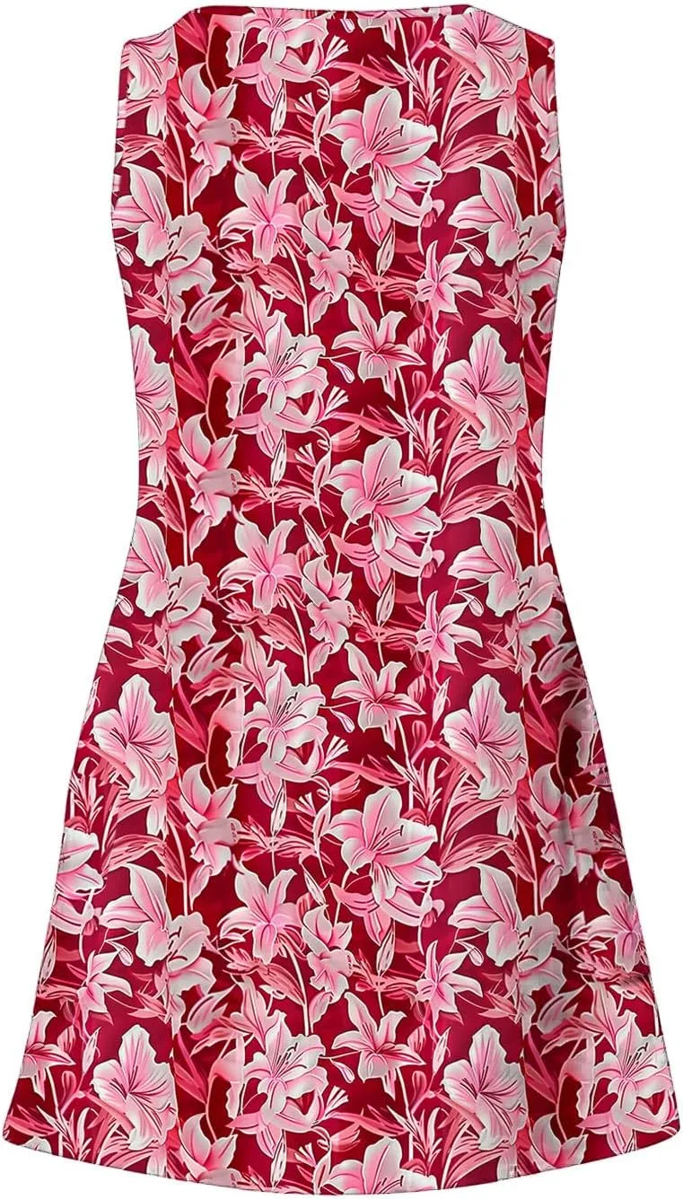 Summer Dresses Womens Sleeveless Floral Print Beach Sundress Cute V Neck Mini Tank Dress Boho Short