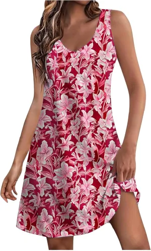 Summer Dresses Womens Sleeveless Floral Print Beach Sundress Cute V Neck Mini Tank Dress Boho Short