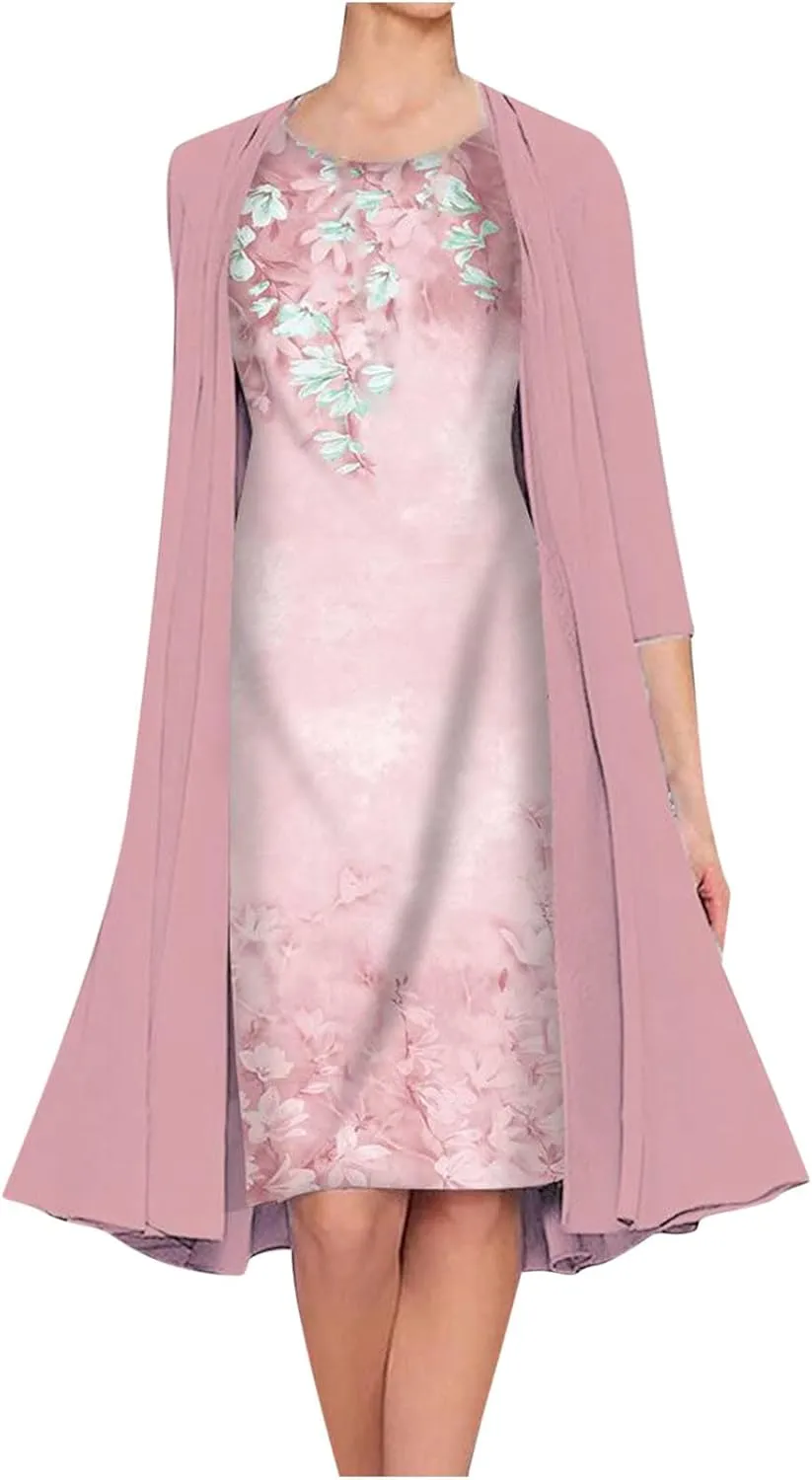 Summer Women Two Piece Maxi Dress Casual Loose Floral Print Cami Dresses with Cardigan Loose Dress for Wedding Guest