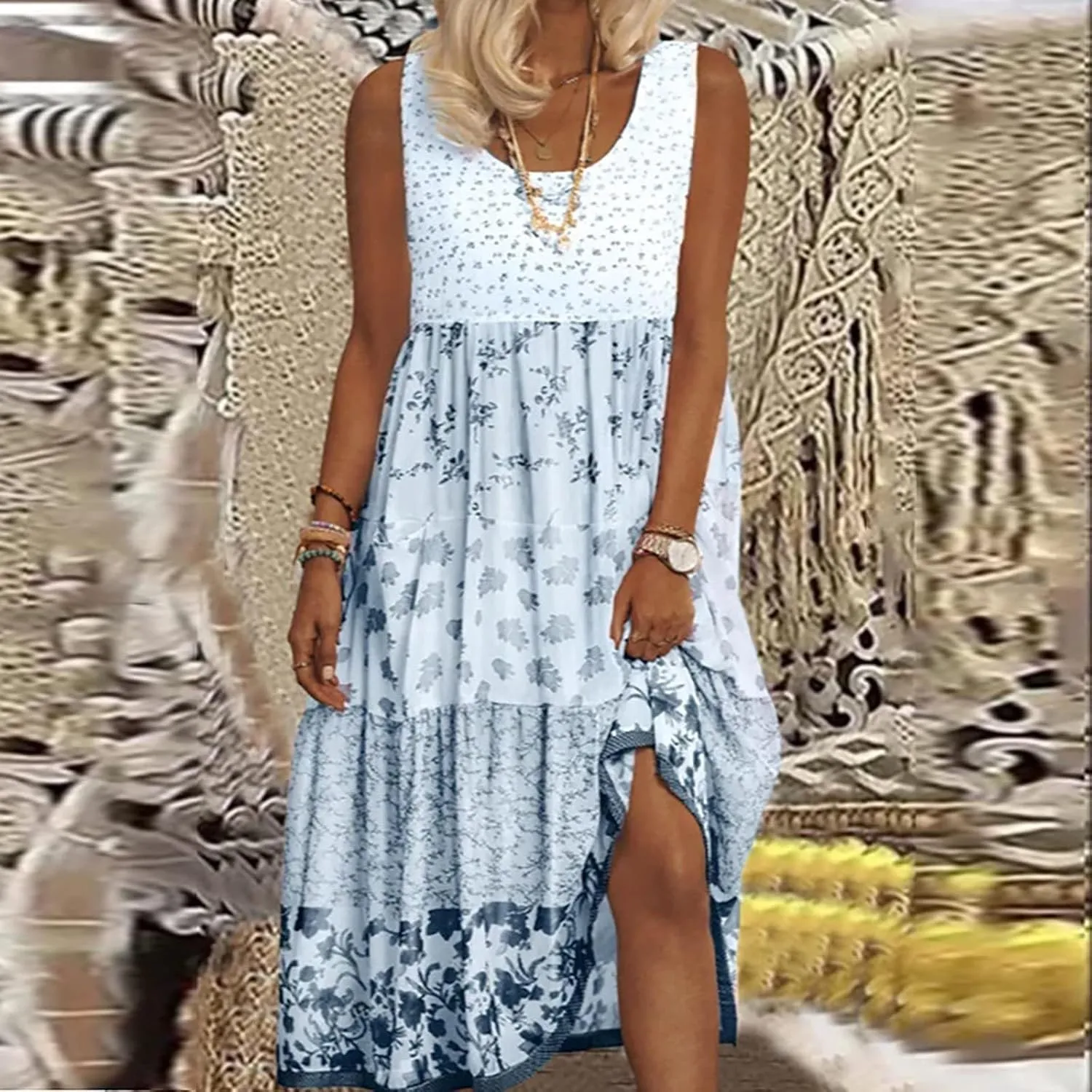 Sundresses for Women 2025 Sleeveless Boho Floral Flowy Summer Beach Dress Loose Elegant Pleated A Line Hawaiian Dress