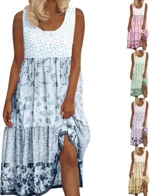Sundresses for Women 2025 Sleeveless Boho Floral Flowy Summer Beach Dress Loose Elegant Pleated A Line Hawaiian Dress