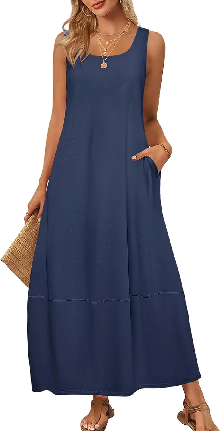 Sundresses for Women 2025 Vacation Casual Summer Beach Dress Scoop Neck Sleeveless Tank Dress Loose Maxi Dresses