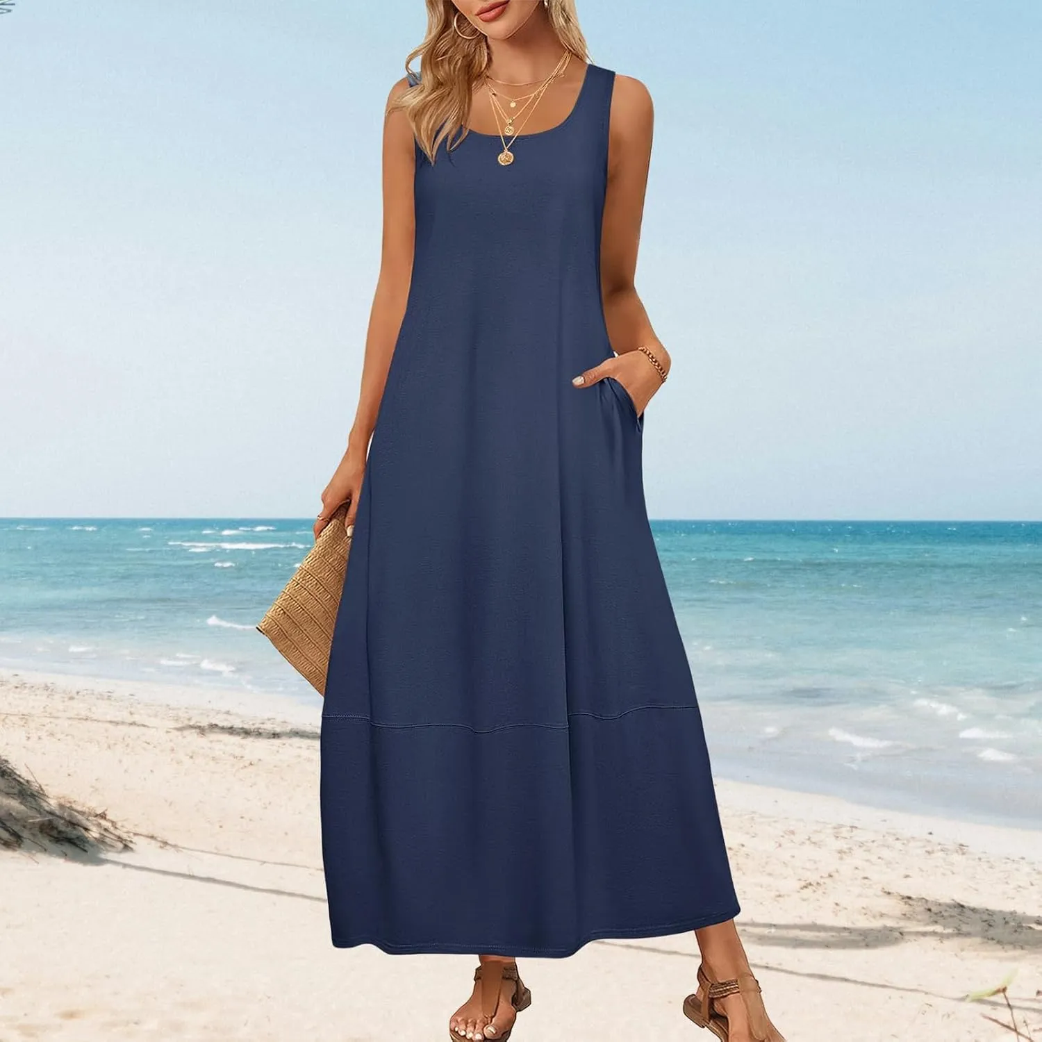 Sundresses for Women 2025 Vacation Casual Summer Beach Dress Scoop Neck Sleeveless Tank Dress Loose Maxi Dresses