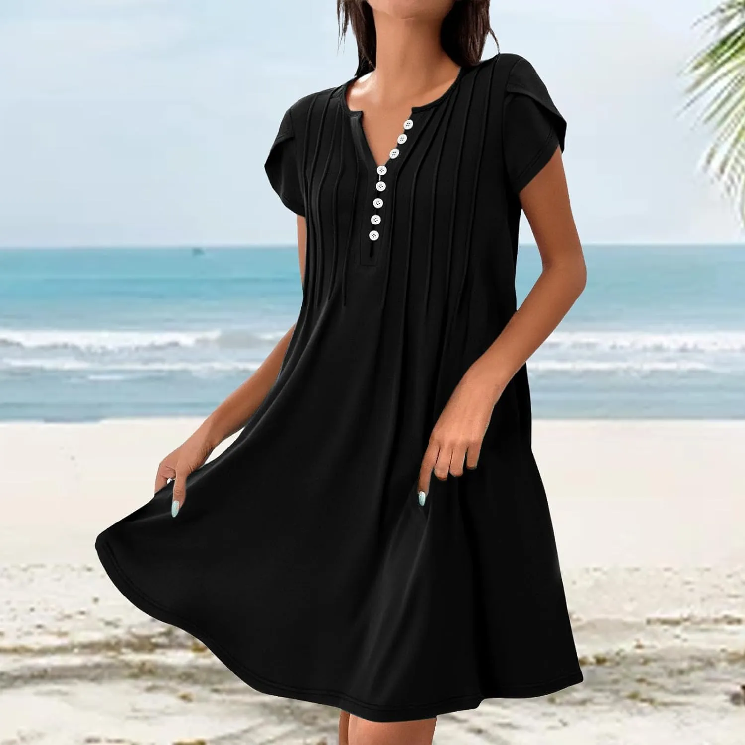 Sundresses for Women Summer Casual Beach Dresses 2025 Vacation Swim Cover Up V Neck Summer Dress Button Mini Dresses