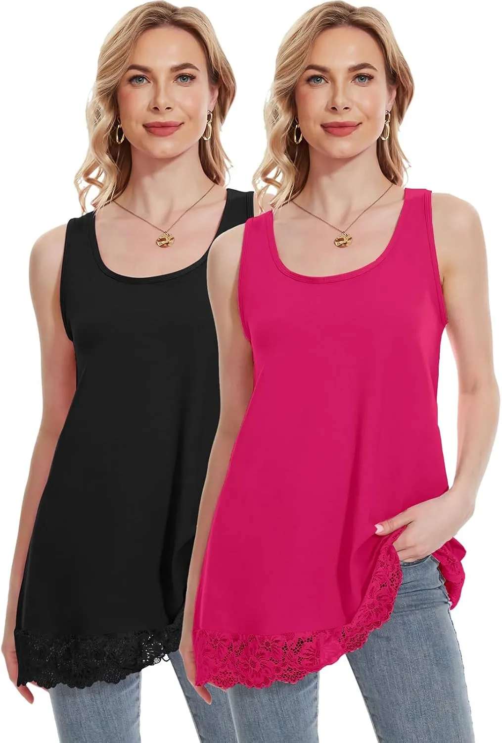 TAIPOVE Lace Camisole Tops for Women for Under Clothes Cotton Long Tank Shirt Extender Layering Sleeveless Tunic 2PKS