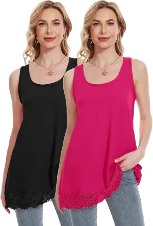 TAIPOVE Lace Camisole Tops for Women for Under Clothes Cotton Long Tank Shirt Extender Layering Sleeveless Tunic 2PKS