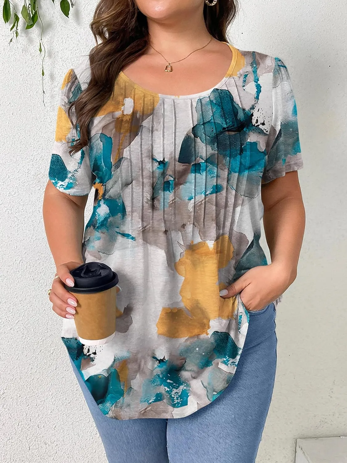 TAKEYAL Women's Plus Size Tunic Tops Front Pleated Floral Print Crew Neck Short Sleeve Casual Summer Tee Tshirt