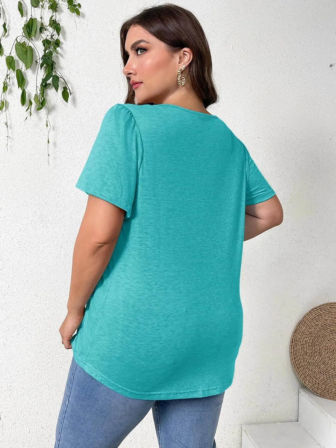 TAKEYAL Women's Plus Size Tunic Tops Front Pleated Floral Print Crew Neck Short Sleeve Casual Summer Tee Tshirt
