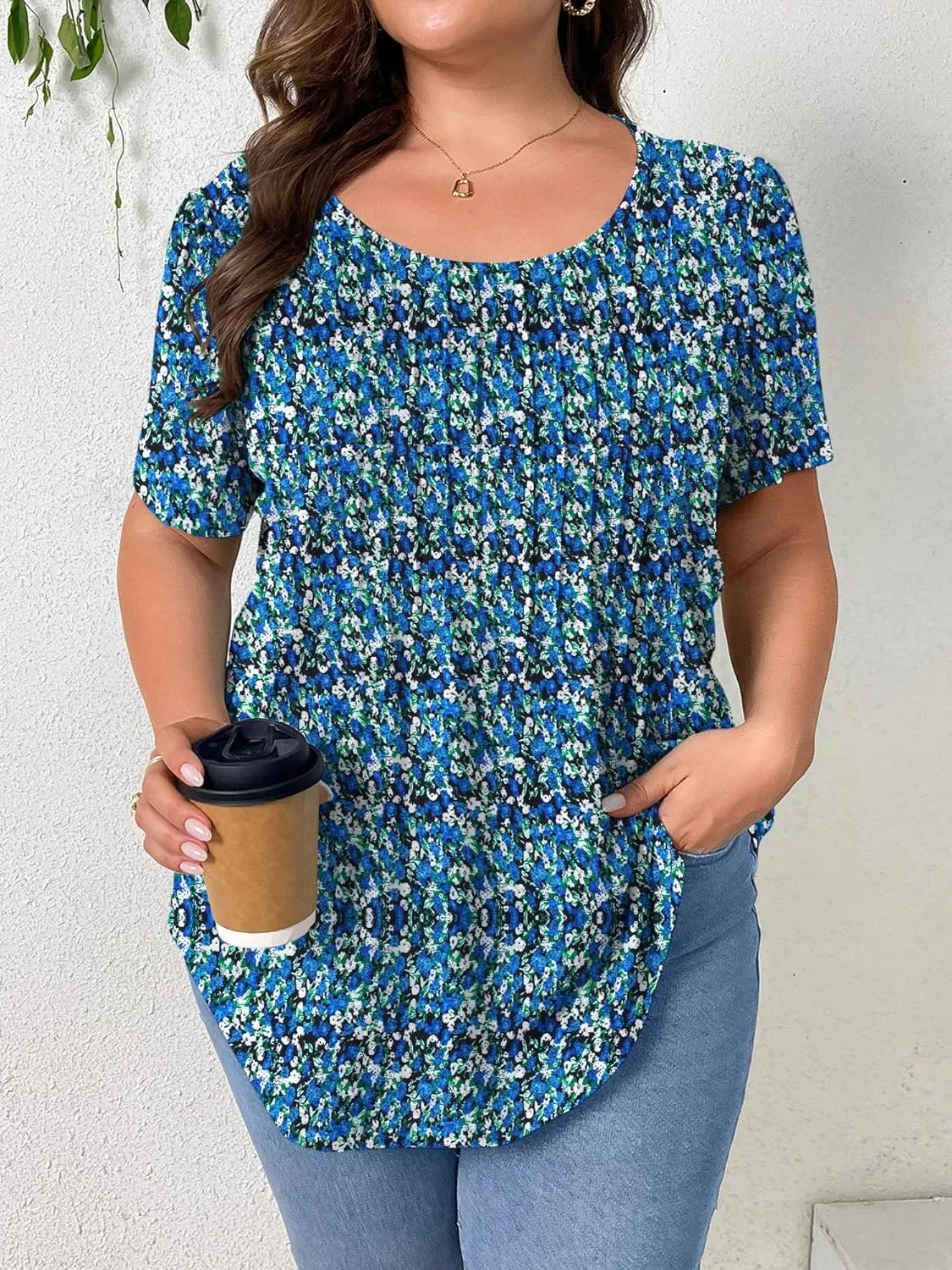 TAKEYAL Women's Plus Size Tunic Tops Front Pleated Floral Print Crew Neck Short Sleeve Casual Summer Tee Tshirt