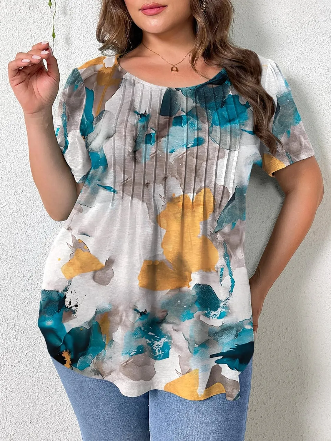 TAKEYAL Women's Plus Size Tunic Tops Front Pleated Floral Print Crew Neck Short Sleeve Casual Summer Tee Tshirt