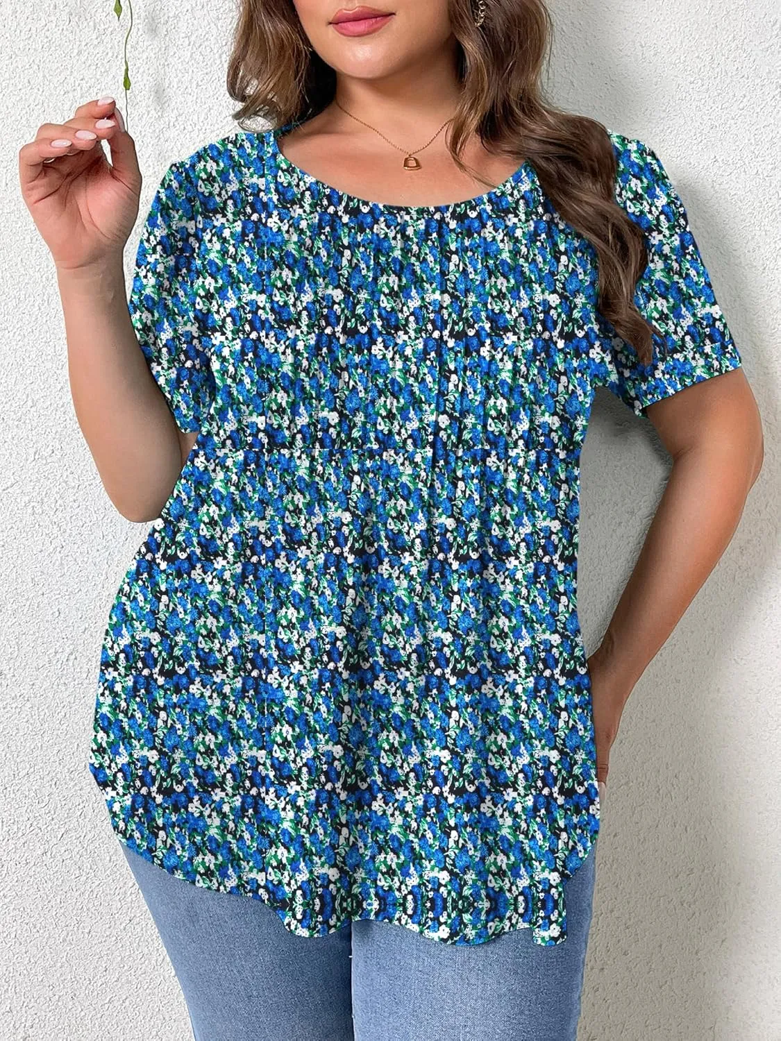 TAKEYAL Women's Plus Size Tunic Tops Front Pleated Floral Print Crew Neck Short Sleeve Casual Summer Tee Tshirt