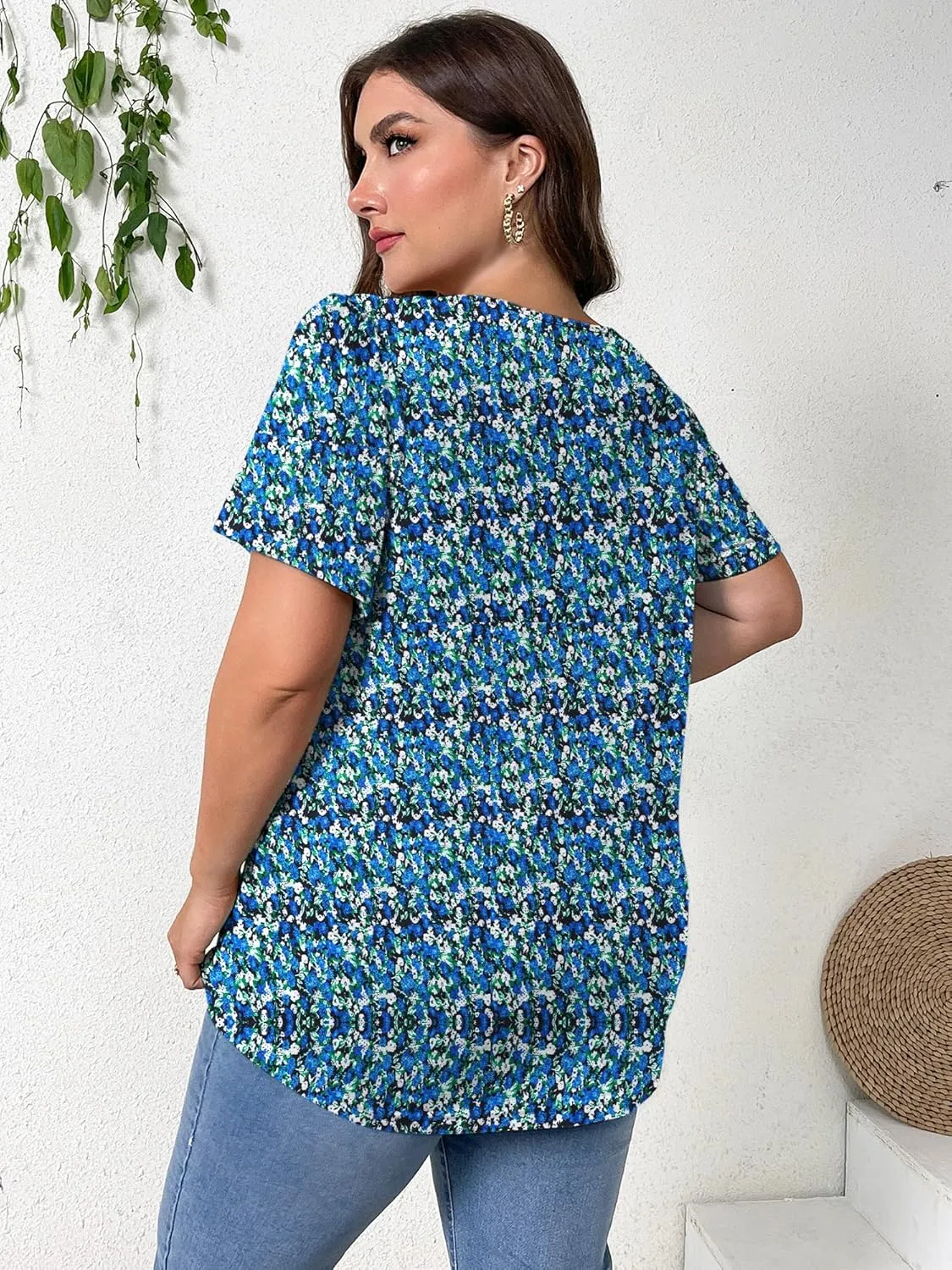 TAKEYAL Women's Plus Size Tunic Tops Front Pleated Floral Print Crew Neck Short Sleeve Casual Summer Tee Tshirt