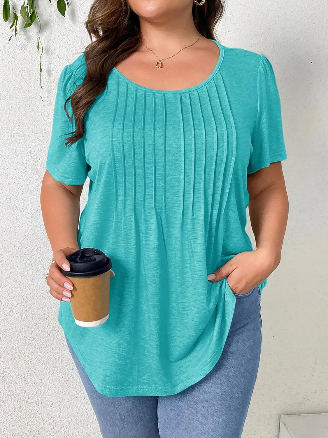TAKEYAL Women's Plus Size Tunic Tops Front Pleated Floral Print Crew Neck Short Sleeve Casual Summer Tee Tshirt