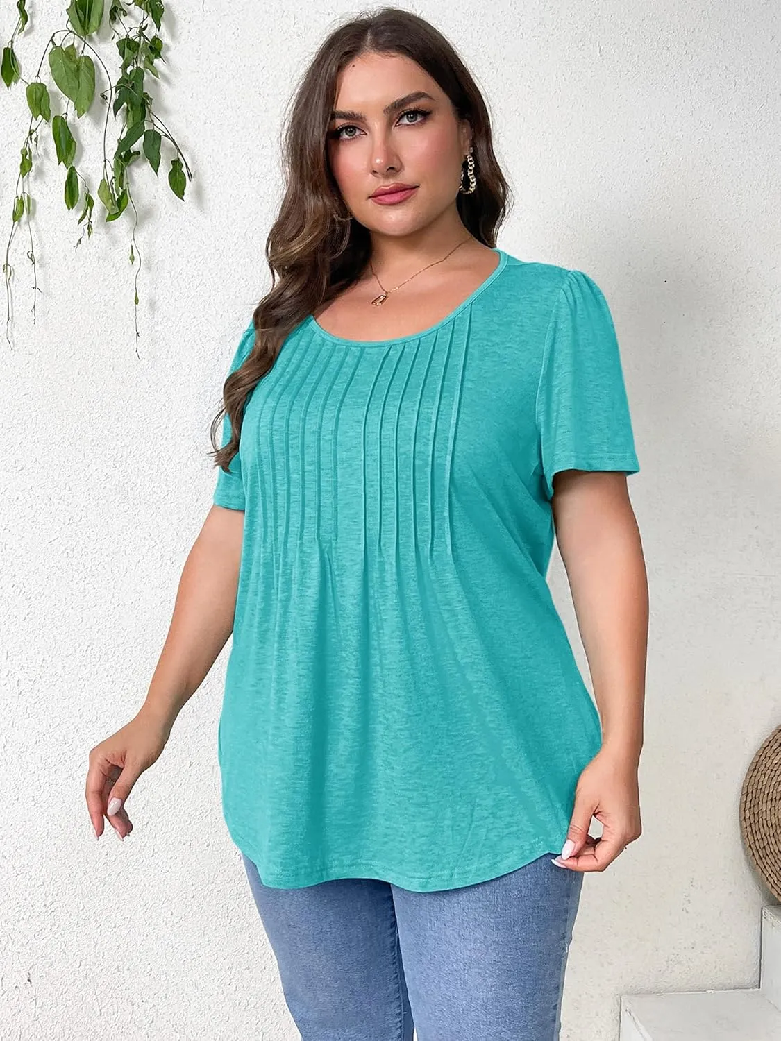 TAKEYAL Women's Plus Size Tunic Tops Front Pleated Floral Print Crew Neck Short Sleeve Casual Summer Tee Tshirt