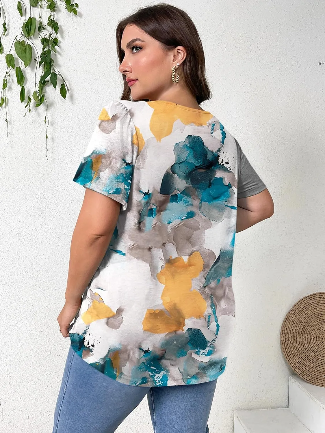 TAKEYAL Women's Plus Size Tunic Tops Front Pleated Floral Print Crew Neck Short Sleeve Casual Summer Tee Tshirt