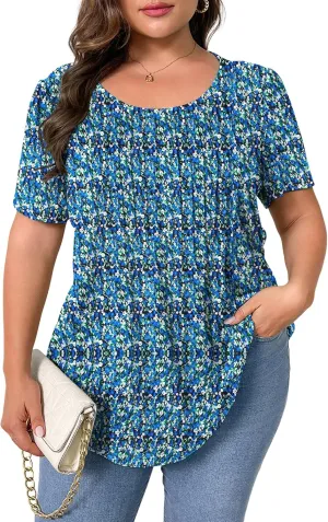 TAKEYAL Women's Plus Size Tunic Tops Front Pleated Floral Print Crew Neck Short Sleeve Casual Summer Tee Tshirt