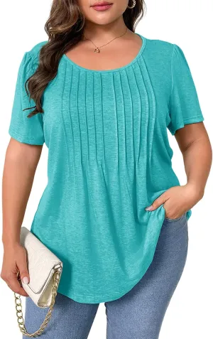 TAKEYAL Women's Plus Size Tunic Tops Front Pleated Floral Print Crew Neck Short Sleeve Casual Summer Tee Tshirt