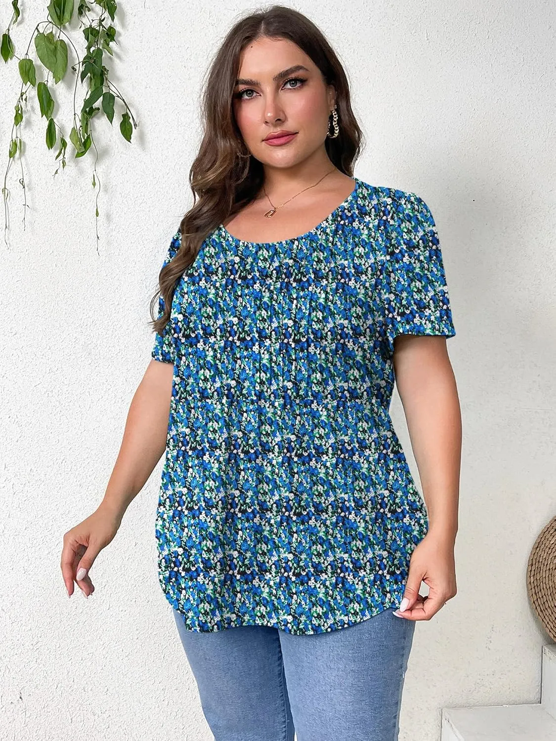 TAKEYAL Women's Plus Size Tunic Tops Front Pleated Floral Print Crew Neck Short Sleeve Casual Summer Tee Tshirt