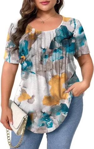 TAKEYAL Women's Plus Size Tunic Tops Front Pleated Floral Print Crew Neck Short Sleeve Casual Summer Tee Tshirt