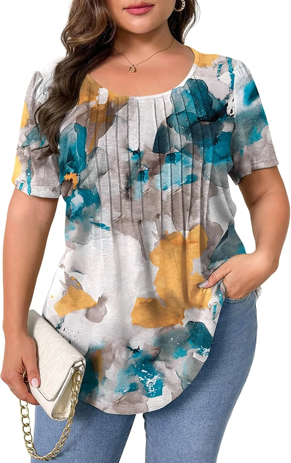 TAKEYAL Women's Plus Size Tunic Tops Front Pleated Floral Print Crew Neck Short Sleeve Casual Summer Tee Tshirt