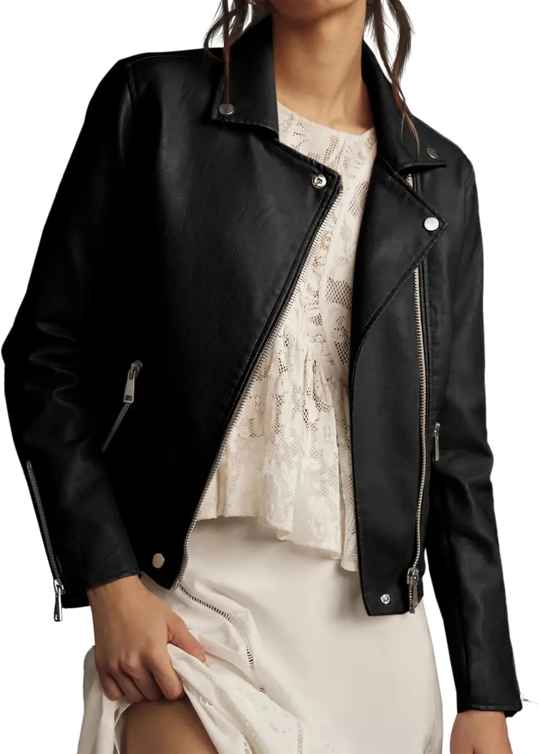 Tankaneo Womens Faux Leather Jackets Cropped Bomber Trendy Zip Up Motorcycle Biker Coat
