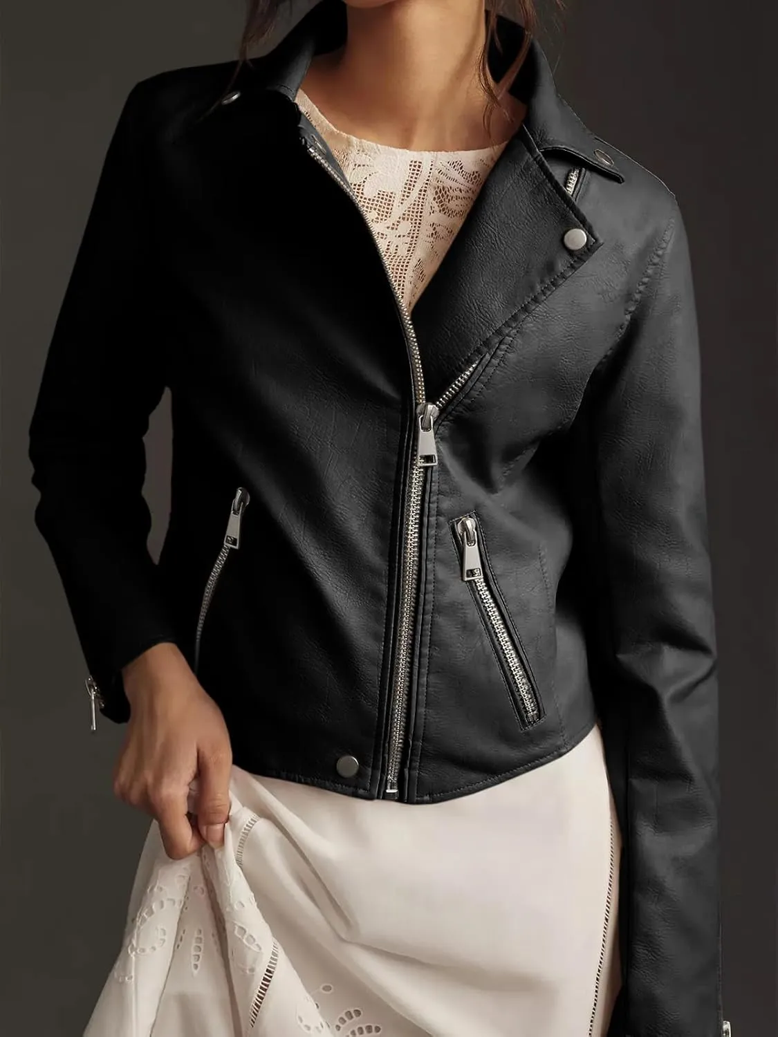 Tankaneo Womens Faux Leather Jackets Cropped Bomber Trendy Zip Up Motorcycle Biker Coat