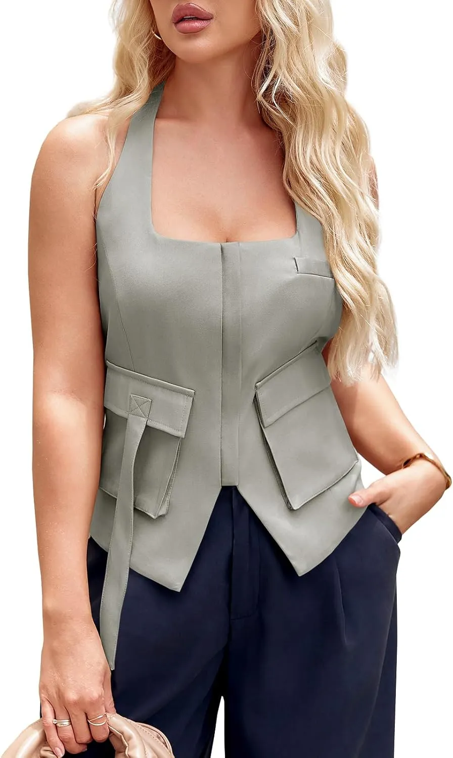 Tankaneo Womens Summer Halter Vest Tops Going Out Backless Waistcoat Y2k Tank Sleeveless Shirts with Pockets