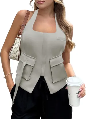 Tankaneo Womens Summer Halter Vest Tops Going Out Backless Waistcoat Y2k Tank Sleeveless Shirts with Pockets